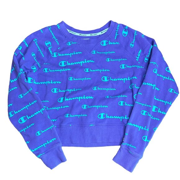 Champion Purple Logo Green Print Crop Sweatshirt Size Size S - Picture 1 of 8